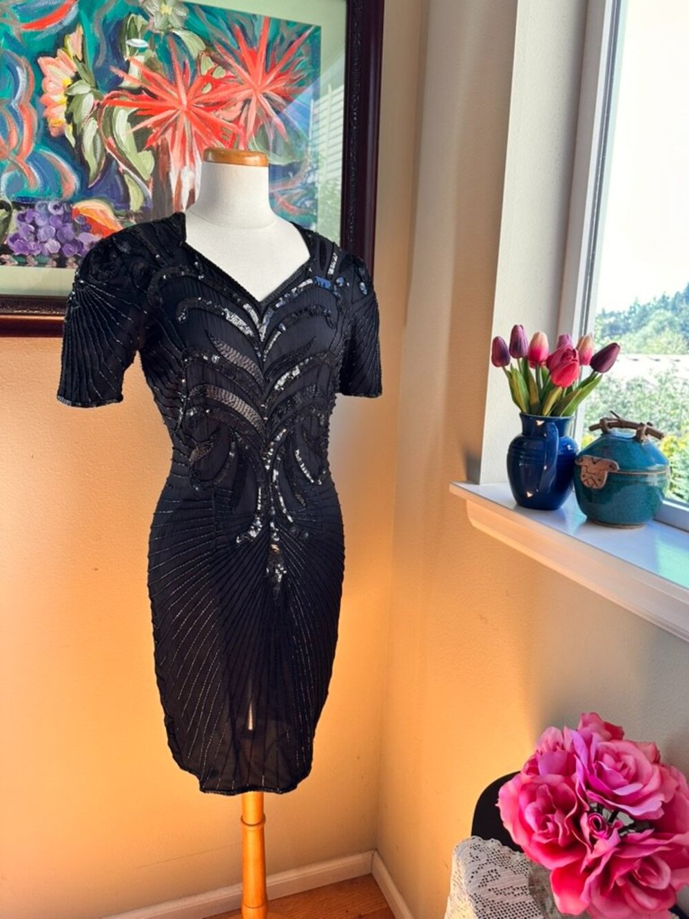 Black Bead & Sequin Silk Wiggle Dress - Vtg. 80's by Robert Anthony - Size 4/6